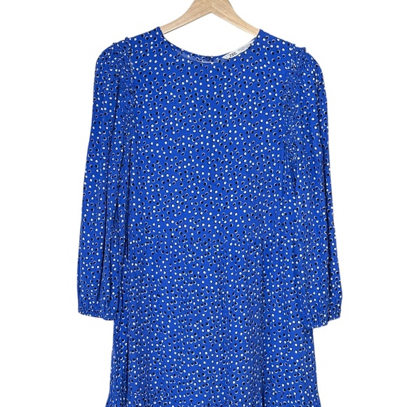 Zara Ruffle Long Sleeve Polka Dot Tiered A-Line Midi Dress Size M Bohemian Blue - Picture 4 of 15